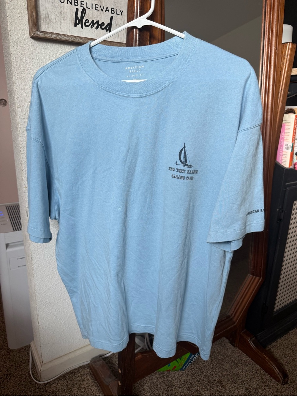 American Eagle Outfitters Boxy Light Blue Sailboat Graphic Tee 77 Medium